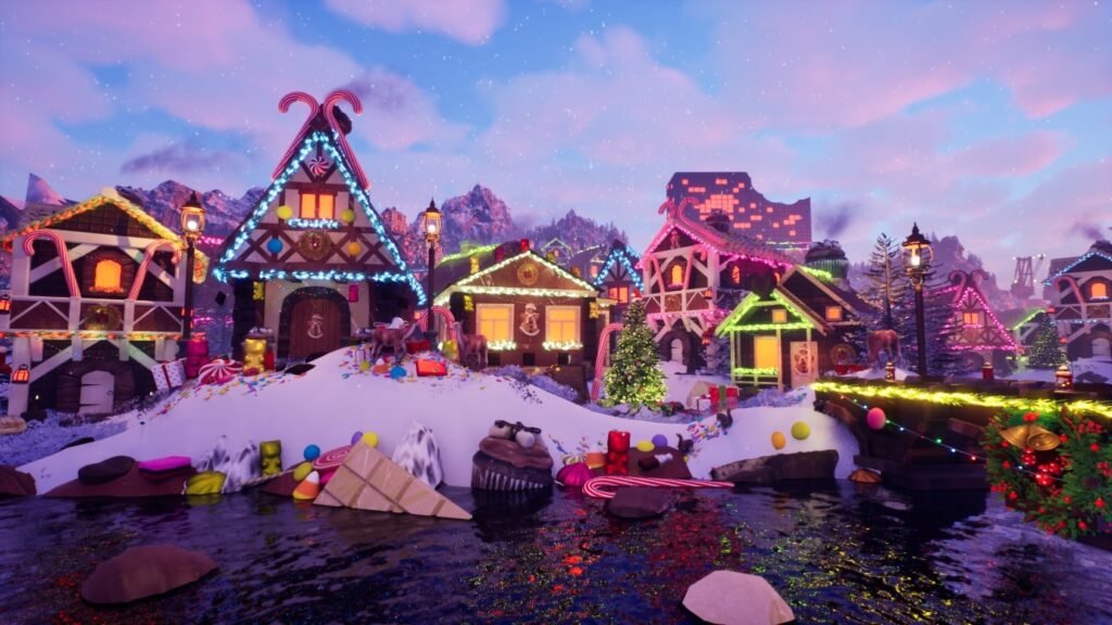 A 3D environment scene of a chocolate winter wonderland.