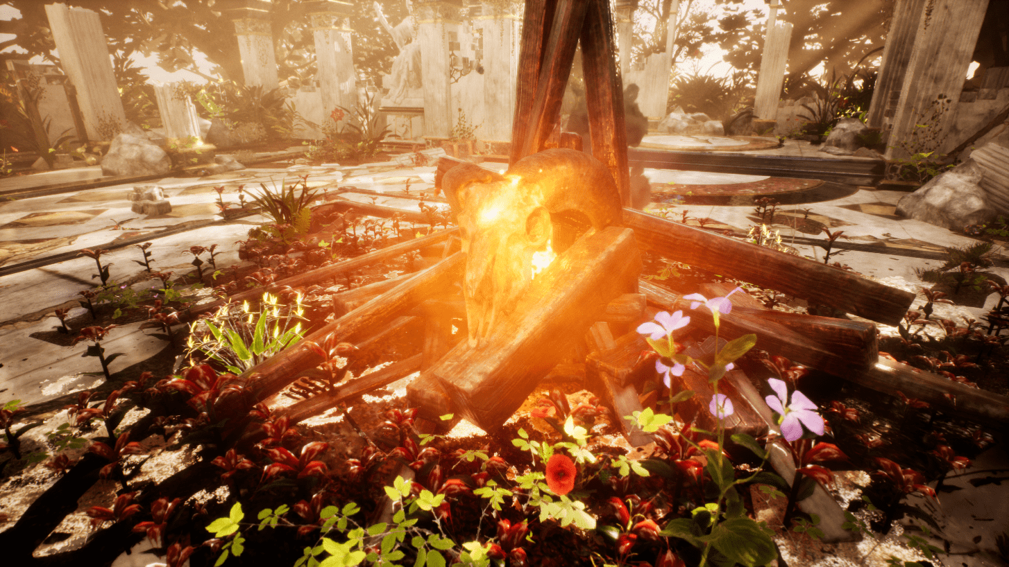 A screenshot from the Rosental Manor project, displaying a mysteriously everburning rams head on the manor grounds. Part of the AN - Projects.