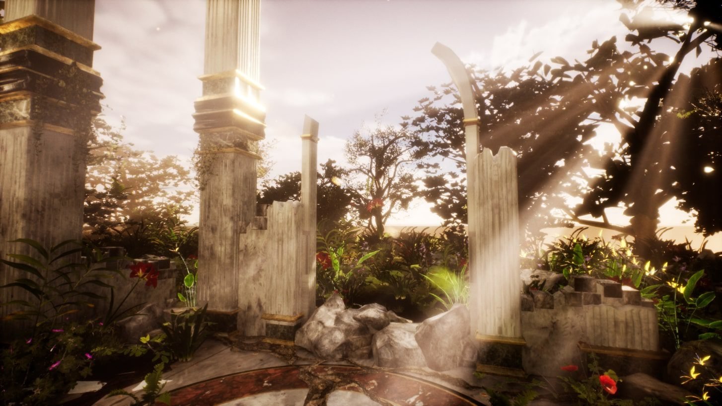 A screenshot from the Rosental Manor project, displaying the serene, but ruined manor grounds in golden light.