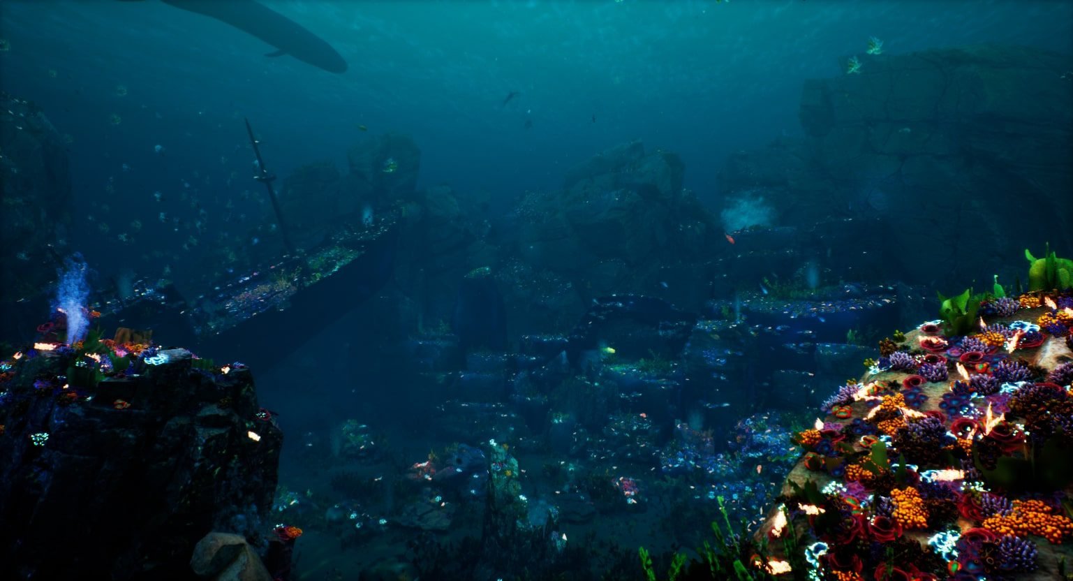 A wide open shot of a 3D rendered underwater reef scene for the Nachts im Archiv game, including a sunken boat and marine life.