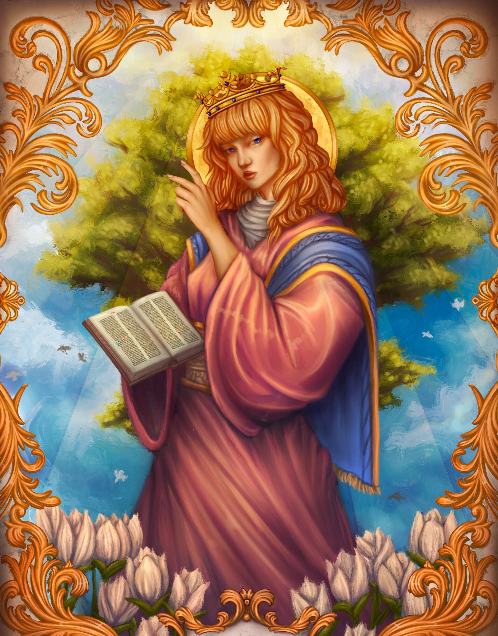 A digital illustration in the style of church art featuring the lady wisdom from judaic mythology.